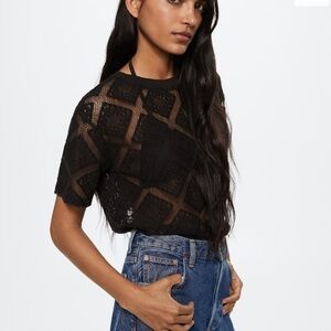 NWT Mango Brand Openwork Knit fabric black short sleeve Lace shirt.